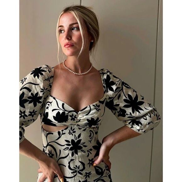 NWT Zara Blogger’s Favorite Linen Floral Gathered Short Puff Sleeves Midi Dress - Picture 11 of 16